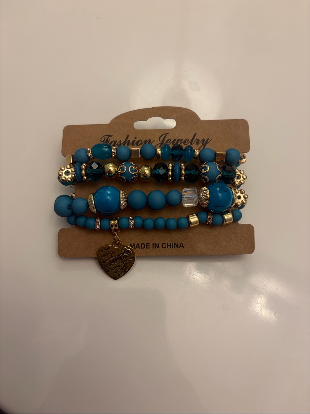Fashion Jewelry Blue Beaded Bracelet Stack with Heart Pendant